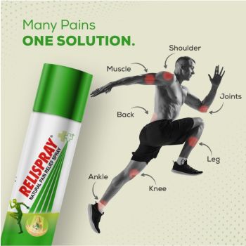 RELISPRAY Instant Pain Relief | Purely Ayurvedic Spray | Unique Pain relieving Technology for - Elbow pain, Backache, Knee pain, Muscle pain, Tired feet, Ankle sprain | Keeps pain away longer | Over 290 Spray | 58g