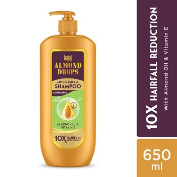 Bajaj Almond Drops Anti Hairfall Shampoo with Almond Oil & Vitamin E | For 10X Hairfall Reduction* & Soft, Shiny Hair* | Paraben Free | Ideal for Men and Women - 650ML