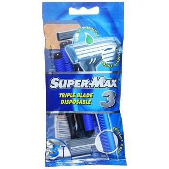 Supermax Triple Blade Disposable Razor - For Men, With Aloe & Vitamin E, Comfortable Grip, 5 pcs