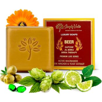 Simply Vedic Luxury Natural Handmade Beer Soap Bar| Deep Moisturizing, Pore Cleansing, Soft Youthful Skin| Cold Processed with Essential Oils| Paraben, Sulphate Free, Bathing Soap for Men Women, 115g