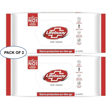 Lifebuoy Germ Protection Wet Wipes, Multi Purpose, Easy To Carry On-The-Go, For Hands, Face & Body, 20+20 Wipes Pack Of 2