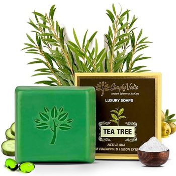 Simply Vedic Luxury Natural Handmade Tea-Tree Soap Bar| Heals Skin, Fights Acne, Clear Flawless Skin| Cold Processed with Essential Oils| Paraben, Sulphate Free, Bathing Soap for Men Women, 114g